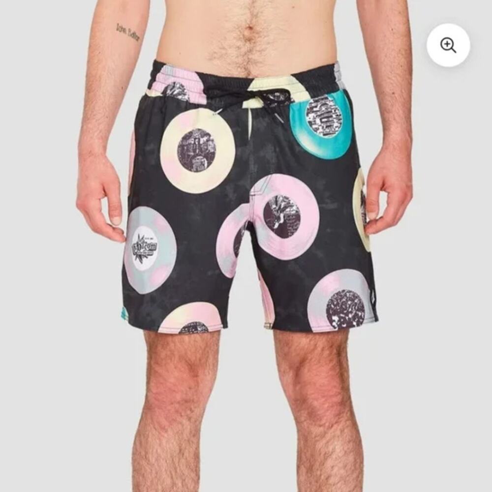 Volcom Stoneys Vent LP Swim Trunks Vinyl Record Print Black Size S NWT